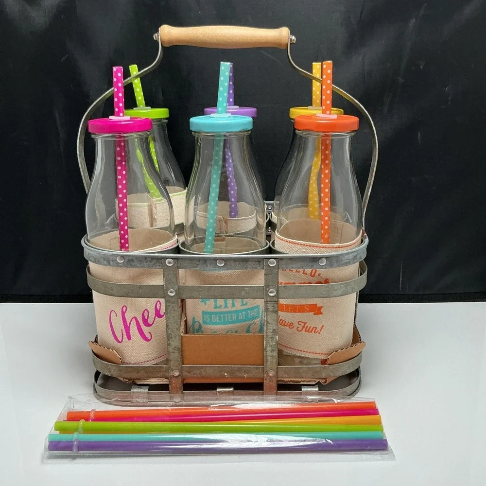 6 Summer drink Glass Milk Bottles‎ Jugs Metal Caddy & 12 Reusable Straws
